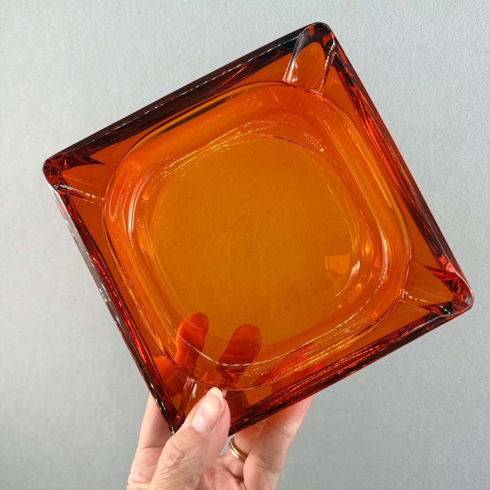 Vintage Viking Persimmon Glass Square Ashtray 6" MCM Heavy 4 Notch